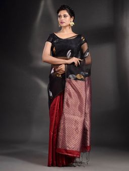 Arhi - Black And Red Blended Cotton Handwoven Saree with Unstitched Blouse