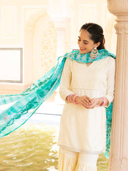 EverBloom - Mogra White Pin Tuck Kurta With Sharara & Dupatta (Set of 3)