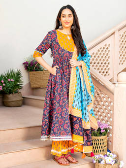 EverBloom - Noorani Printed Purple Sequins Flared Kurta With Pant & Dupatta (Set of 3)