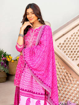 EverBloom - Gulbahar Printed Pink Embroidered Straight Kurta With Sharara & Dupatta (Set of 3)