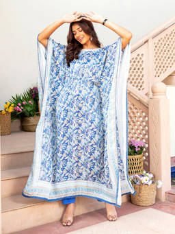 EverBloom - Kainaat Printed Blue Layered Kaftan Kurta With Pant (Set of 2)