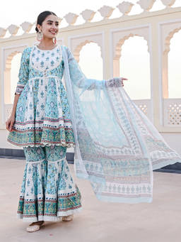 EverBloom - Jhoom Printed Blue-white Flared Kurta With Sharara & Dupatta (Set of 3)