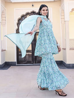 EverBloom - Ruhaani Printed Blue Sleeveless Sequins Kurta With Sharara & Dupatta (Set of 3)
