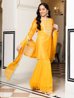 EverBloom - Noori Yellow Embroidered Kurta With Sharara & Dupatta (Set of 3)