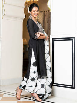 EverBloom - Nadira Black Embroidered Kurta With Tie-dye Pant & Dupatta (Set of 3)