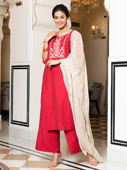 EverBloom - Pakhi Red Embroidered Kurta With Pant & Dupatta (Set of 3)