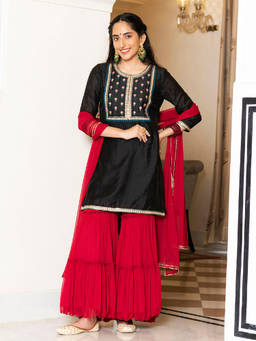 EverBloom - Zaina Black Embroidered Kurta With Sharara & Dupatta (Set of 3)