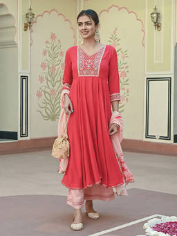 EverBloom - Bahaara Red-peach Embroidered Flared Kurta With Pant & Dupatta (Set of 3)