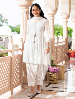 EverBloom - Zargul White Lurex Flared Kurta With Salwar & Dupatta (Set of 3)
