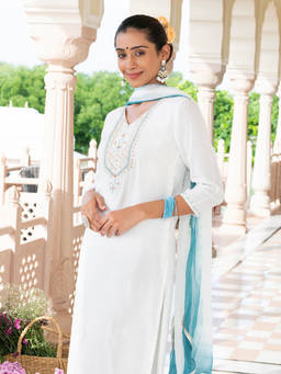 EverBloom - Turvi White Embroidered Straight Kurta With Pant & Dupatta (Set of 3)
