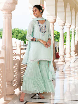 EverBloom - Sehaj Light Green Embroidered Straight Kurta With Sharara & Dupatta (Set of 3)