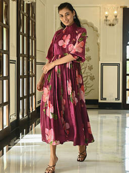 EverBloom - Puce Printed Maroon High Neck Dress With Balloon Sleeves