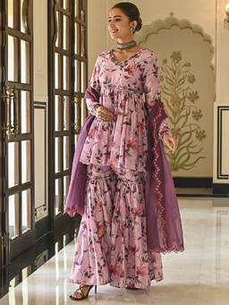 EverBloom - Panchi Printed Purple Embroidered Flared Kurta With Sharara & Dupatta (Set of 3)