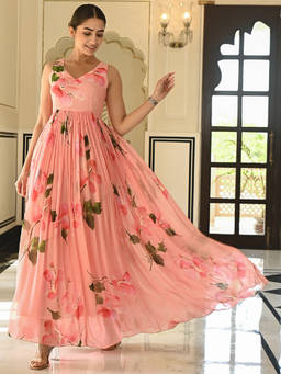 EverBloom - Drupe Printed Pink Sleeveless Long Dress
