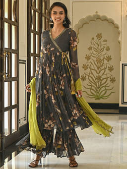 EverBloom - Goraiya Grey Embroidered Angrakha Kurta With Sharara & Dupatta (Set of 3)