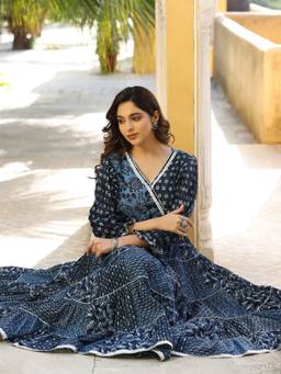 EverBloom - Navya Printed Blue Angarkha Tiered Kurta with Pant (Set of 2)