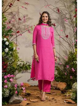 EverBloom - Aachal Pink Leheriya Straight Kurta with Pants & Dupatta (Set of 3)