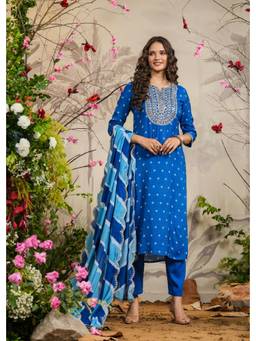 EverBloom - Saarang Blue Bandhej Straight Kurta with Pants & Dupatta (Set of 3)
