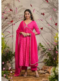 EverBloom - Neet Pink Bandhej Alia Cut Anarkali Kurta with Pants & Dupatta (Set of 3)
