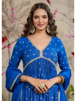 EverBloom - Meenal Blue Bandhej Alia Cut Anarkali Kurta with Pants & Dupatta (Set of 3)