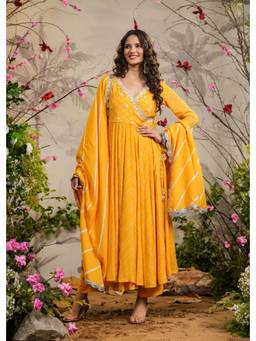 EverBloom - Abeer Yellow Bandhej Angarkha Kurta with Pants & Dupatta (Set of 3)