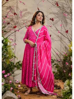EverBloom - Nisa Pink Bandhej Angarkha Kurta with Pants & Dupatta (Set of 3)