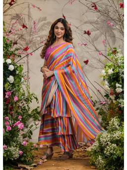 EverBloom - Satrangi Strips Multicolor Pre-Draped Saree with Stitched Blouse