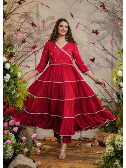 EverBloom - Moomal Red Angarkha Kurta with Pants & Bandhej Dupatta (Set of 3)