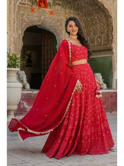EverBloom - Dastoor Red Lucknowi Embroidered Lehenga (Set of 3)