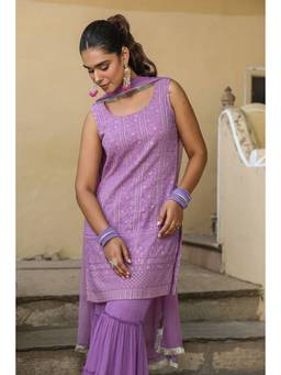 EverBloom - Adira Purple Chikankari Sharara With Dupatta (Set of 3)