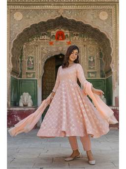 EverBloom - Mishti Peach Jacquard Anarkali Suit With Dupatta (Set of 3)