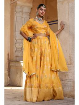 EverBloom - Vrisha Yellow Floral Printed Jacquard Lehenga (Set of 3)