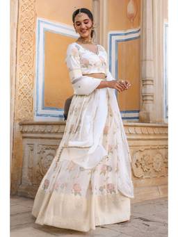 EverBloom - Savi White Floral Printed Jacquard Lehenga (Set of 3)