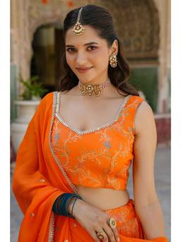 EverBloom - Kesar Orange Silk Jacquard Printed Lehenga (Set of 3)