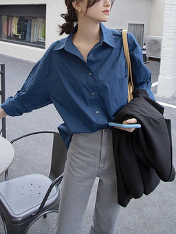 Outzidr - Navy Blue Oversized Poplin Shirt