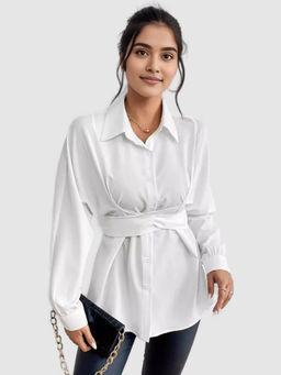 Outzidr - White Sinched Waist Shirt