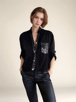 Outzidr - Black Sequin Shirt with Pocket Detailing