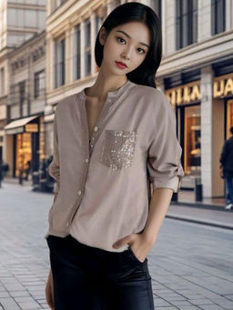 Outzidr - Gold Sequin Shirt with Pocket Detailing