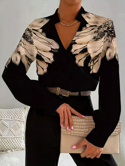 Outzidr - Black Shirt with Cream Floral Print