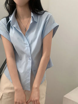 Outzidr - Blue Relaxed Fit Cap Sleeves Shirt