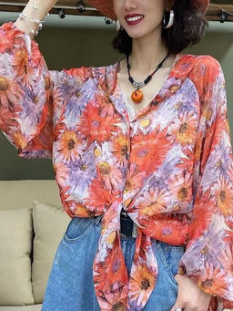 Outzidr - Orange Printed Tie Up Shirt