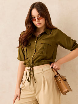 Outzidr - Olive Solid Cropped Shirt