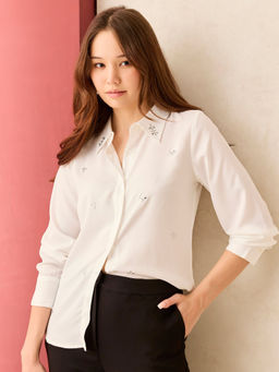 Outzidr - White Solid Studded Regular Shirt