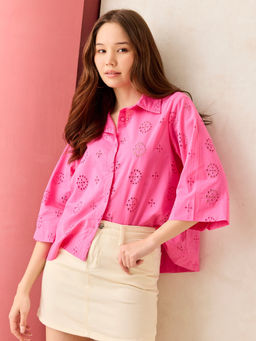 Outzidr - Pink Full Sleeved Schiffli Shirt