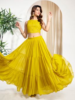 INDDUS - Yellow Striped Sequinned Embroidered Crop Top with Solid Skirt