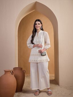 INDDUS - Off White Floral Thread Embroidered Top with Palazzo