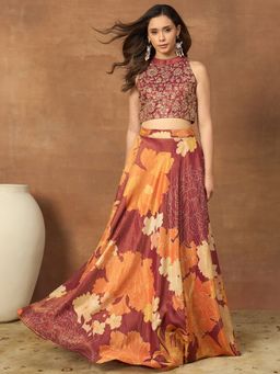 INDDUS - Rust Floral Zari and Sequinned Embroidered Top with Skirt