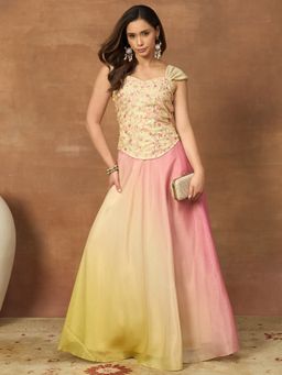 INDDUS - Multi-Colour Floral Thread and Sequinned Embroidered Top with Skirt