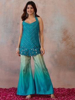 INDDUS - Teal Floral Thread and Sequinned Embroidered Top with Palazzo