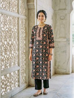 Missprint - Black Floral Hand Block Print Silk Chanderi Kurta with Pant